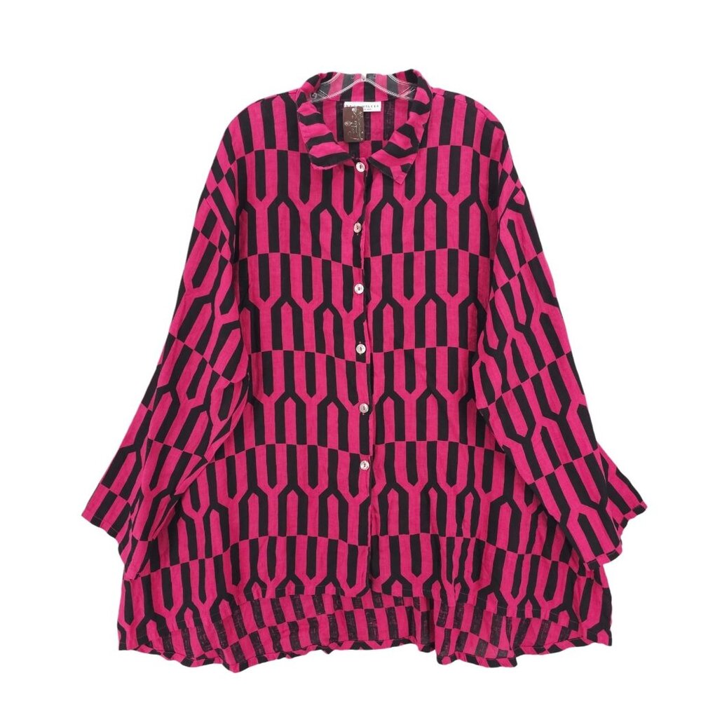 NEW BRYN WALKER Linen Shirt Fuchsia Pink Black Geometric OVERSIZED Size 1X